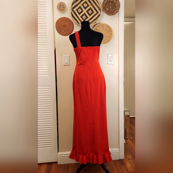 One Shoulder Red Cascading Maxi Dress With Ruffles - Picture 11 of 11